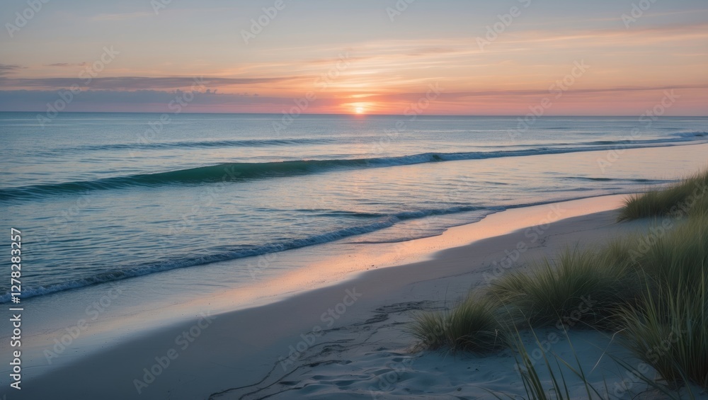 Aufkleber tranquil sunset over water with calm waves and beach grass in foreground creating space for text and