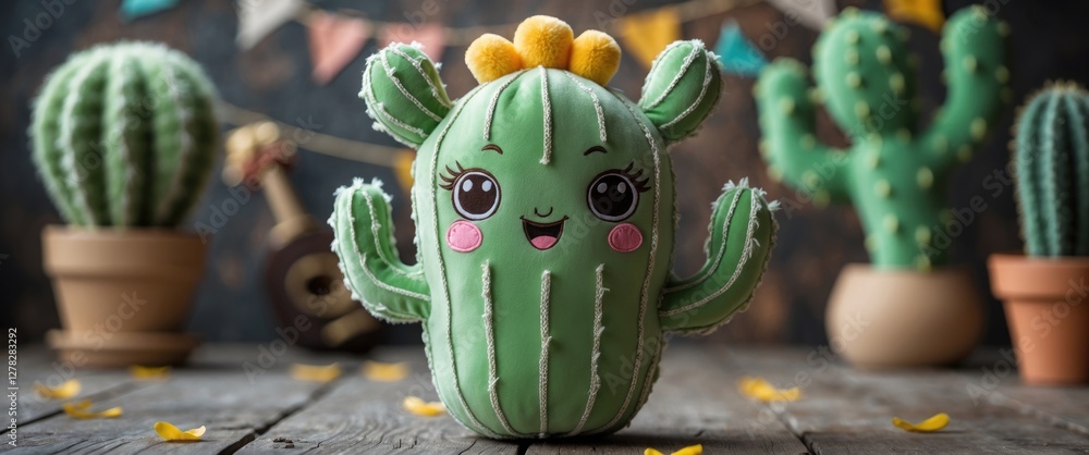 Poster adorable singing and dancing cactus soft toy surrounded by greenery with space for custom text in a 
