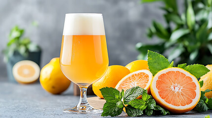 Refreshing aesanaspik ipa craft beer in a glass surrounded by citrus fruits modern kitchen setting vibrant atmosphere close-up view for craft beer enthusiasts