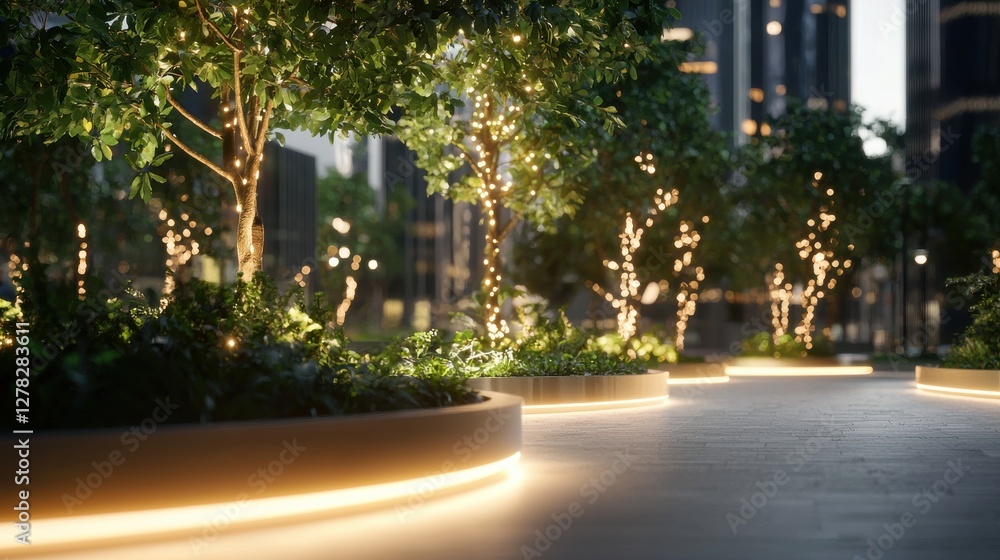 Poster a serene urban pathway lined with illuminated trees, creating a tranquil atmosphere amidst modern ar