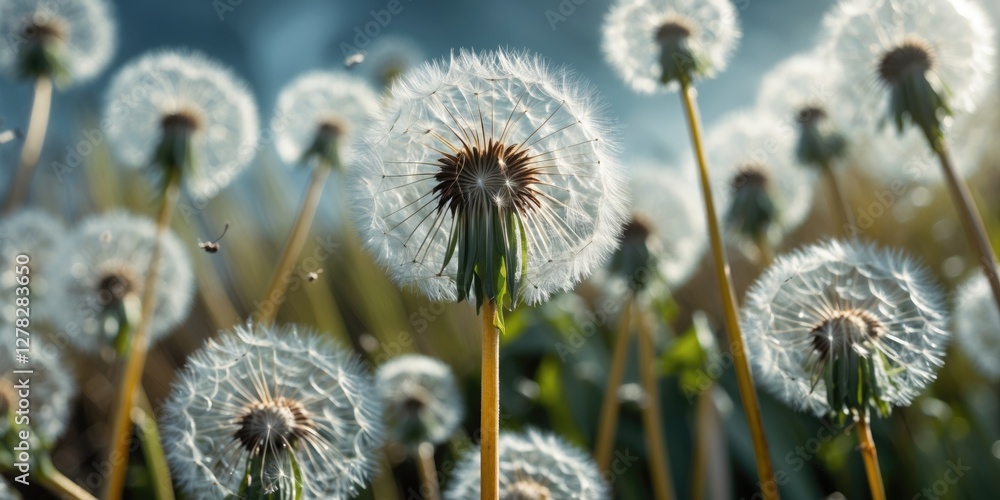 Poster closeup of dandelion flowers with soft focus and empty space for text in a natural outdoor setting