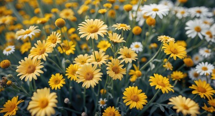 Vibrant field of yellow daisies and white flowers showcasing nature's beauty and diversity, perfect for floral-themed projects and designs.