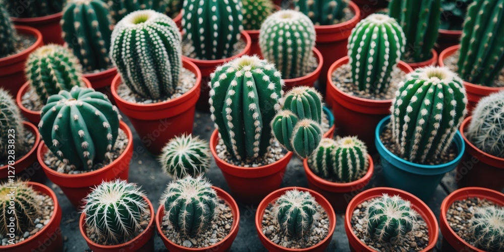 Poster vibrant assortment of cacti in red pots with textured background and blank space for custom text or 