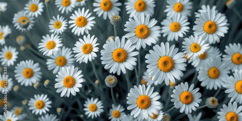 Poster vibrant daisies in full bloom creating a serene background with ample empty space for text or messag