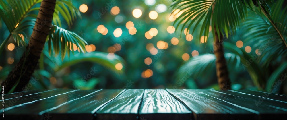 Aufkleber tropical forest background with blurred palm leaves and bokeh lights on dark wood table top for mock