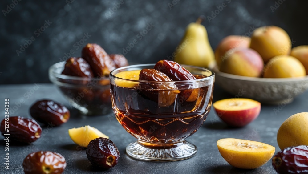 Aufkleber dates syrup in a glass bowl garnished with fresh fruits on a dark textured background with ample emp