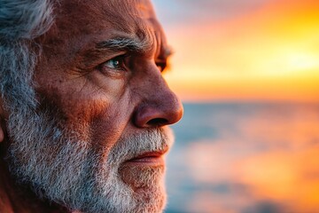 Obraz premium Elderly man gazes pensively at a vibrant sunset over the ocean, reflecting deep thoughts and emotions in a serene moment of contemplation