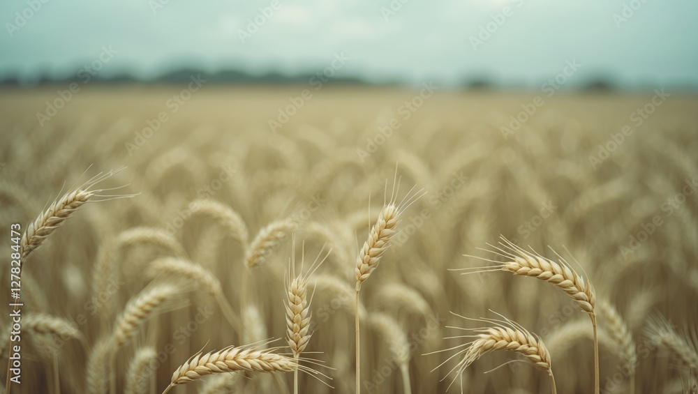 Poster golden wheat field with blurred background and space for text or design elements