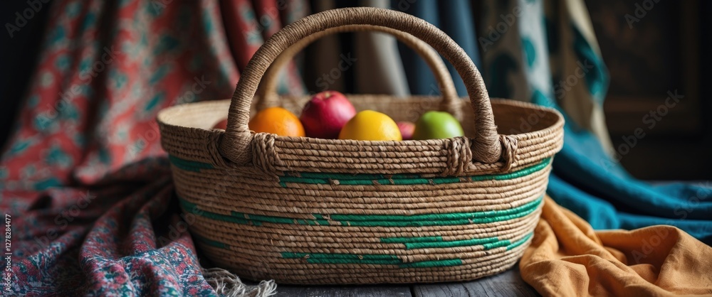 Aufkleber woven decorative basket with colorful fruit surrounded by textiles in warm tones and subtle textures