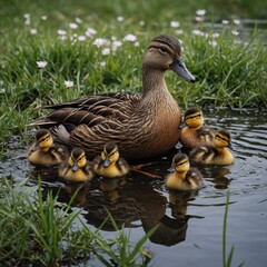 A mother duck with ducklings, clear details, transparent background.