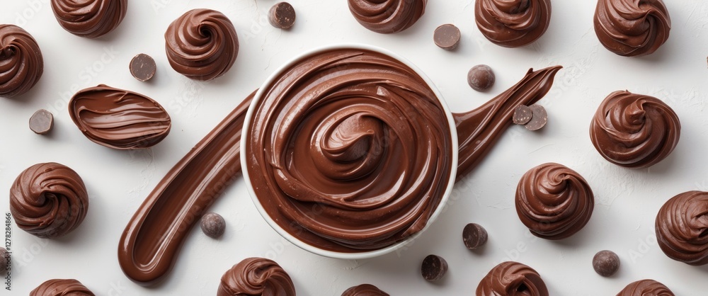 Aufkleber delicious chocolate spread in smooth swirls on white background with chocolate drops and empty space