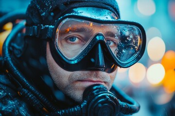 Diver prepares for underwater exploration amidst a backdrop of city lights during a chilly evening adventure