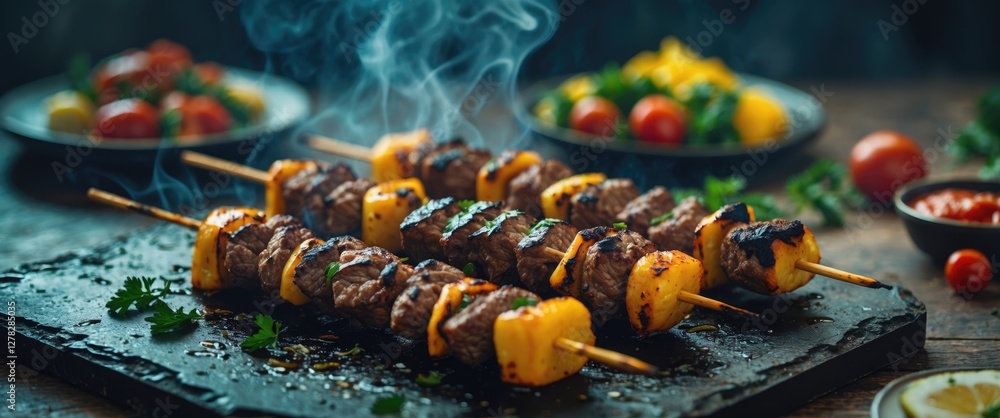 Poster grilled shish kebab skewers with smoke and vegetables on rustic table in a culinary setting ideal fo