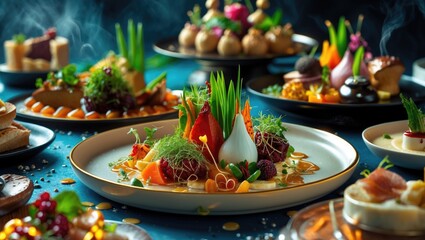 Elegant Gourmet Dish Surrounded by Exquisite Culinary Creations with Space for Text Overlay