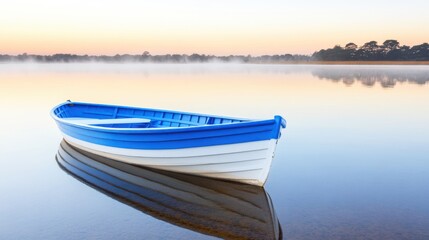 Naklejka premium A tranquil scene featuring a blue and white boat floating on calm waters at dawn, surrounded by mist and serene reflections.