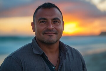 Fototapeta premium Man smiles while standing on the beach at sunset with ocean waves in the background creating a serene atmosphere