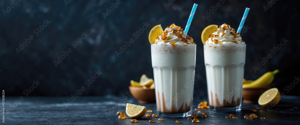 Poster refreshing banana milkshake with toppings and citrus on dark background