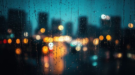 A blurred urban landscape with colorful bokeh effects created by rain-soaked glass, evoking a cozy and reflective mood at night.