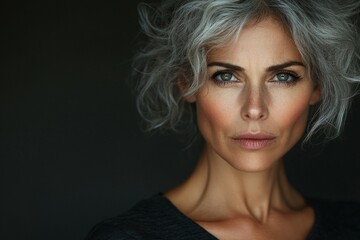 Naklejka premium Captivating portrait of a mature woman with striking features and silver hair against a dark background
