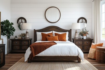 Rustic Farmhouse Bedroom Decor Featuring Wooden Bed and Accents