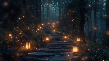 Magical forest path, lanterns, fireflies