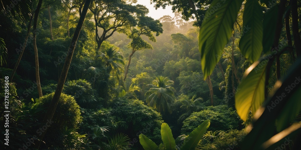 Poster lush tropical jungle scene with dense thickets and trees capturing nature's serenity and depth for t