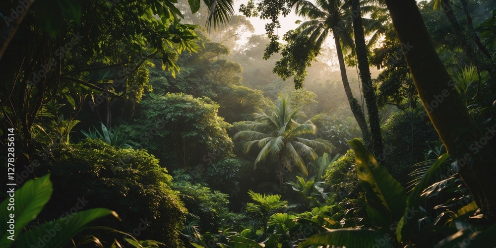 Poster lush tropical jungle with dense foliage and sunlight filtering through trees ideal for nature backgr