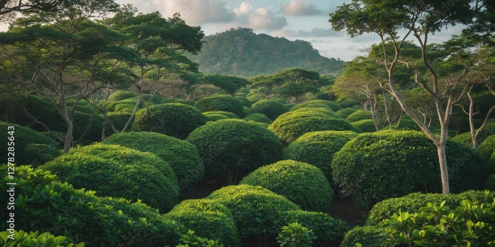 Poster lush green trees and bushes in a serene grove on an exotic island with clear sky and ample space for