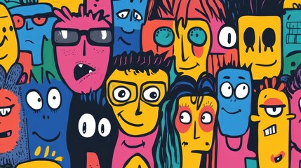 Obraz premium Colorful abstract illustration of diverse, cartoon-like faces exuding joy and personality, featuring vibrant shades of pink, blue, and yellow.