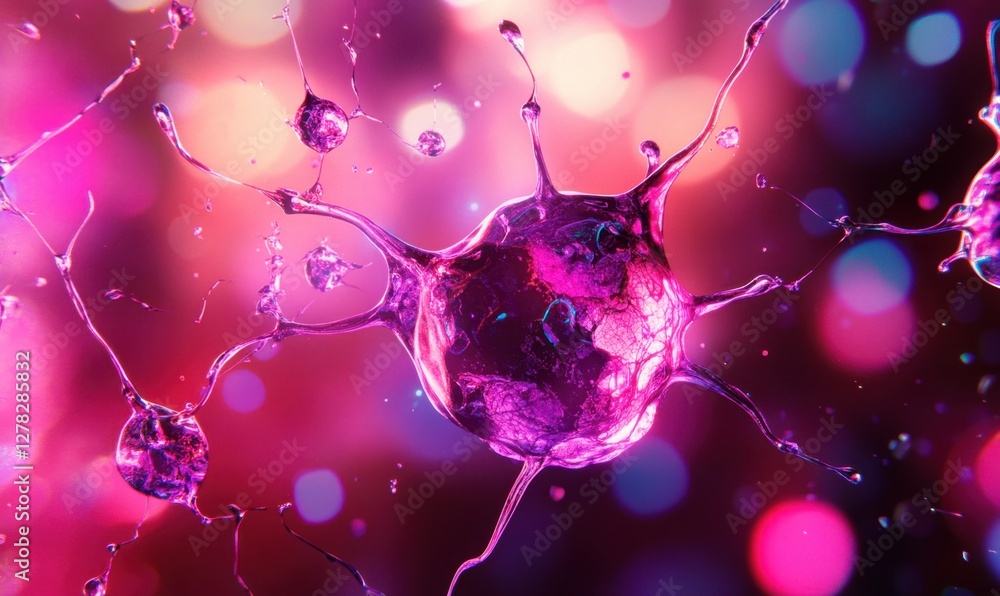 Poster vibrant close-up of a colorful abstract cell with splashes against a blurred bokeh background