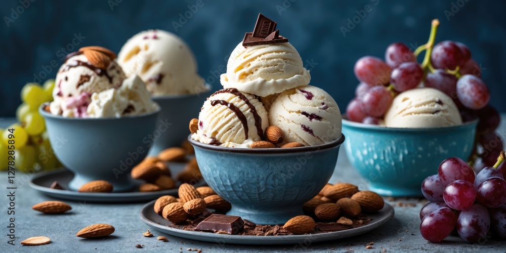Poster elegant ice cream dessert bowls with almonds and grapes featuring rich chocolate toppings and empty 