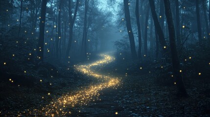 Fototapeta premium A magical scene of a misty forest at twilight, illuminated by glowing fireflies, creating a whimsical path through the trees.