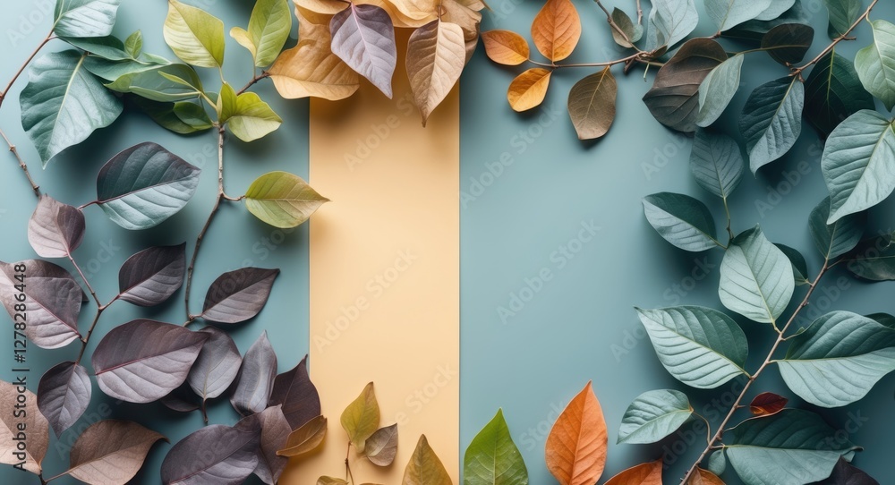 Poster assorted colorful leaves framing empty space for text modern elegant autumn botanical background