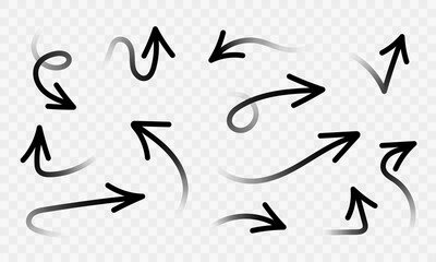 Set of doodle curve bold arrow marker. Pointer in different directions. Vector illustration.