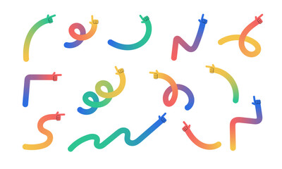 Set of colored doodle curved hands pointers isolated on white background.Vector illustration.
