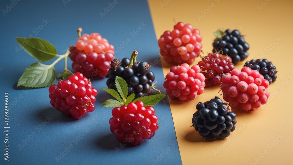 Poster assorted ripe berries on vibrant background with fresh leaves featuring space for text and design el