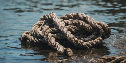 Weathered rope in calm water with reflective surface and ample empty space for text or branding purposes.