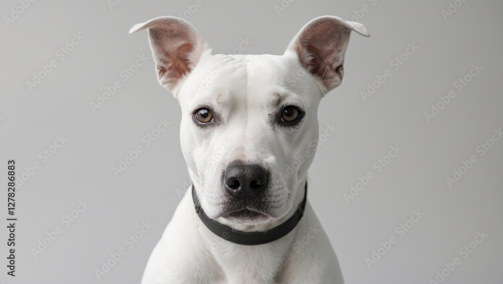 Poster white bull terrier dog portrait with empty space for custom text and design elements on neutral back