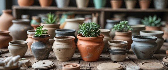 Recycled Clay Pots with Succulents on Wooden Table for Eco-Friendly Crafting Ideas and Upcycling Inspiration with Blank Text Space