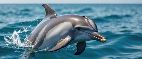 Dolphin Leaping Above Water Surface in Clear Blue Ocean Showcasing Marine Life and Natural Beauty