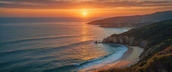 Fototapeta premium Serene Coastal Sunset Over Peninsula With Warm Golden Hues And Gentle Waves On Tranquil Ocean