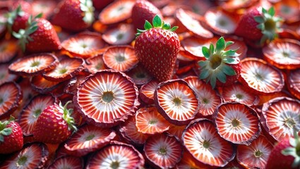 Obraz premium Dried Strawberry Slices and Fresh Berries on a Background of Healthy Dehydrated Fruit Pieces for Food and Wellness Concepts