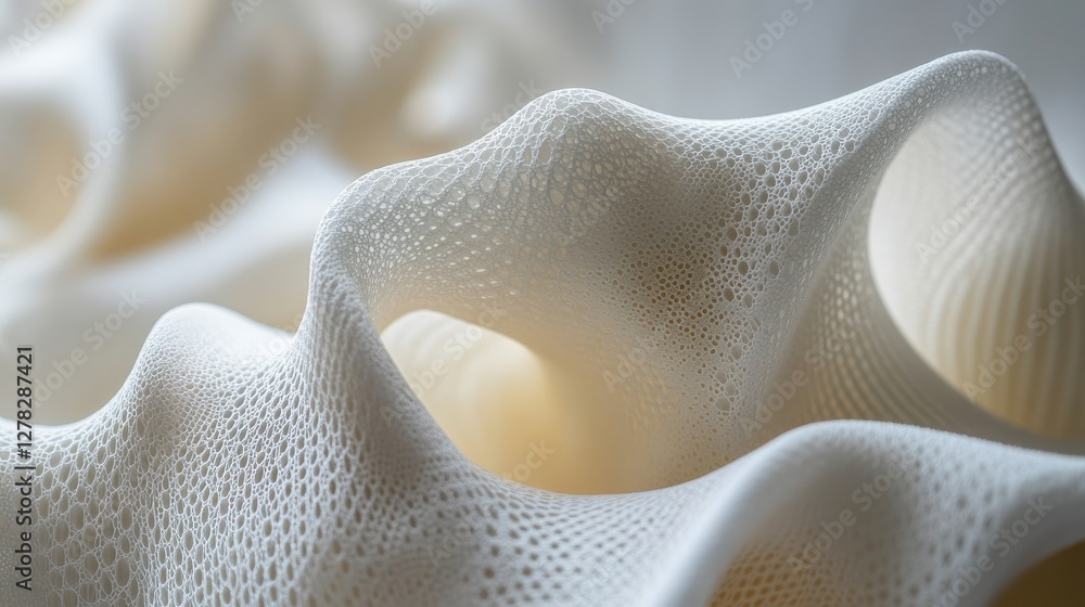 Poster intricate white fabric waves softly undulating, creating a serene backdrop with gentle light play