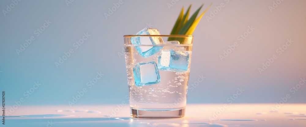 Aufkleber refreshing beverage with ice cubes in a glass against light background with space for text or graphi