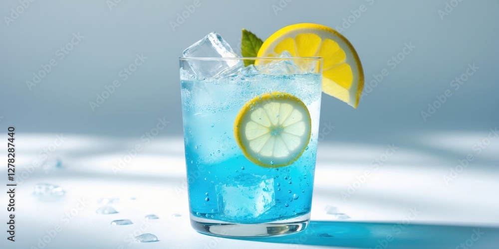 Poster refreshing blue cocktail with lemon slices and ice cubes in a glass against a soft background with s