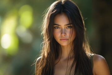 Fototapeta premium Young woman with long hair poses outdoors in natural light during a sunny day