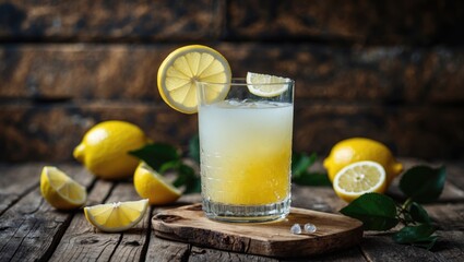 Fototapeta premium Refreshing Lemonade in a Glass with Lemon Slices on a Wooden Table Surrounded by Fresh Lemons and Green Leaves