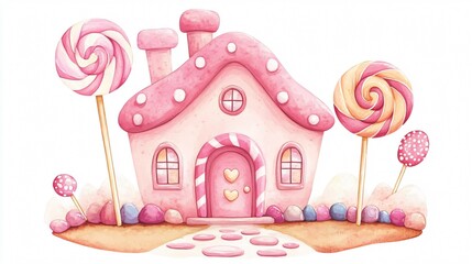 Whimsical Pink Candy House Watercolor Illustration