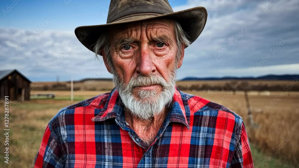 Poster man with a hat and beard is standing in a field. he looks sad and lonely. the field is empty and the