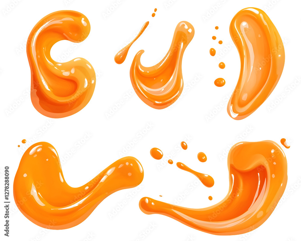 Poster orange juice splashes in various shapes and sizes on a transparent background. dynamic and vibrant, 